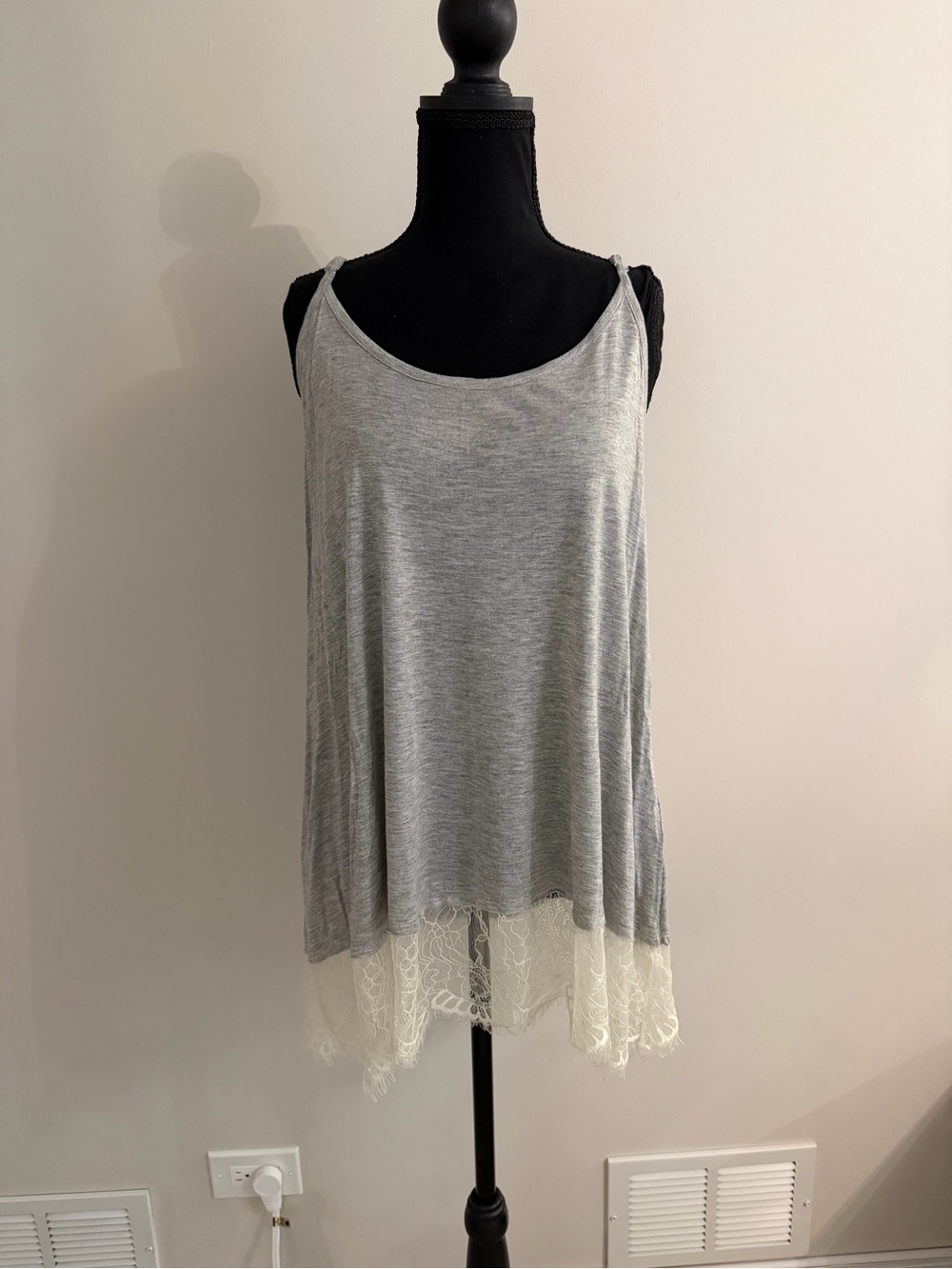 Jolt Gray Tank Top with Cream Lace Hem